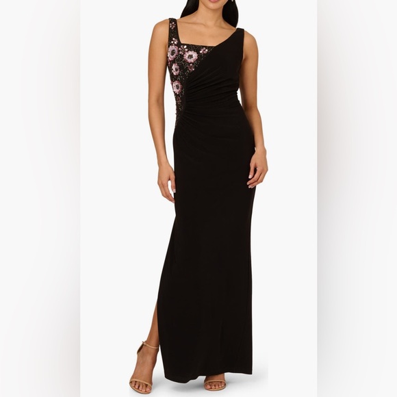 Adrianna Papell Black Beaded Floral Evening Gown size 6 One Shoulder Formal  GALA